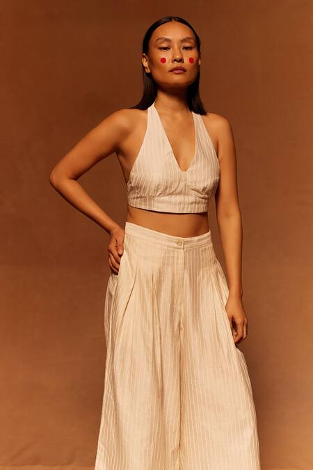 Ahmev_Ivory Cotton, Silk V-neck Screen Printed Back Tie-up Crop Top _Online_at_Aza_Fashions