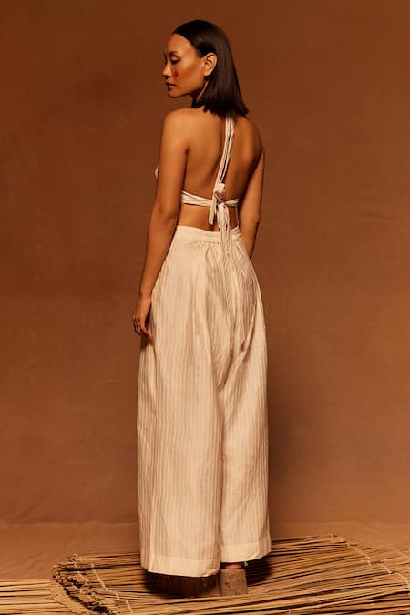 Shop_Ahmev_Ivory Cotton, Silk Pleated Wide Legged Pant _at_Aza_Fashions