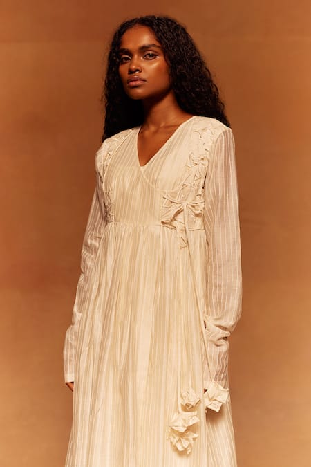 Buy_Ahmev_Ivory , Satin Fabric Flowers V-neck Floral Angrakha Anarkali Set _Online_at_Aza_Fashions