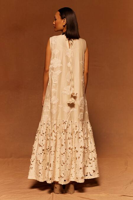 Shop Ahmev Ivory Cotton, Silk Embroidery Round Neck Floral Applique Maxi Dress at Aza Fashions Shop_Ahmev_Ivory Cotton, Silk Embroidery Round Neck Floral Applique Maxi Dress _at_Aza_Fashions