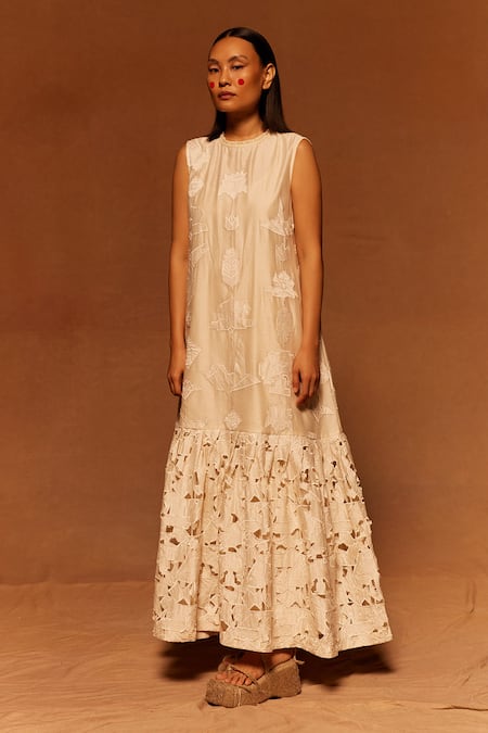 Ahmev Ivory Cotton, Silk Embroidery Round Neck Floral Applique Maxi Dress Online at Aza Fashions Ahmev_Ivory Cotton, Silk Embroidery Round Neck Floral Applique Maxi Dress _Online_at_Aza_Fashions