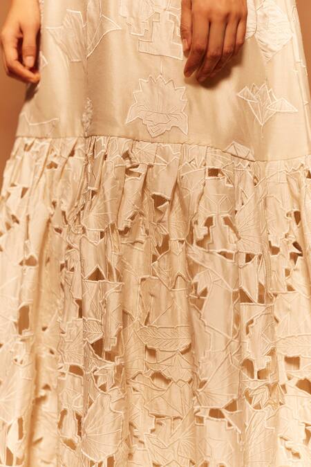 Shop Ahmev Ivory Cotton, Silk Embroidery Round Neck Floral Applique Maxi Dress Online at Aza Fashions Shop_Ahmev_Ivory Cotton, Silk Embroidery Round Neck Floral Applique Maxi Dress _Online_at_Aza_Fashions