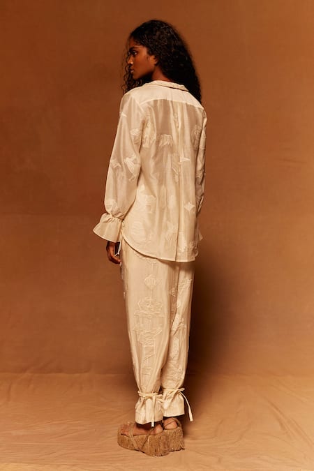 Shop Ahmev Ivory Silk Organza, Cotton Embroidery Collared Applique Shirt at Aza Fashions Shop_Ahmev_Ivory Silk Organza, Cotton Embroidery Collared Applique Shirt _at_Aza_Fashions