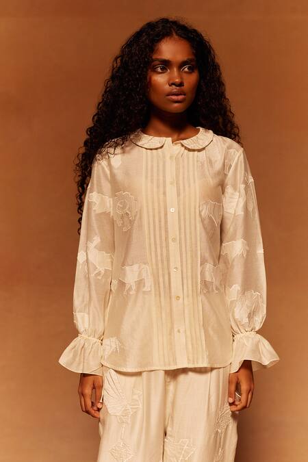 Ahmev Ivory Silk Organza, Cotton Embroidery Collared Applique Shirt Online at Aza Fashions Ahmev_Ivory Silk Organza, Cotton Embroidery Collared Applique Shirt _Online_at_Aza_Fashions