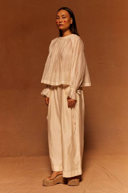 Buy_Ahmev_Ivory Cotton Box Pleated Top _Online_at_Aza_Fashions