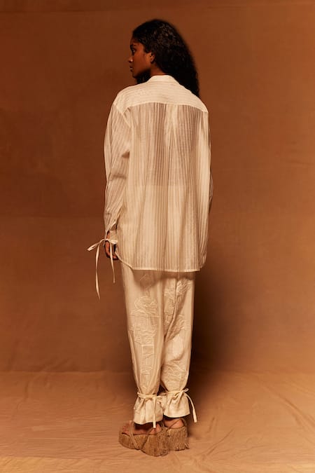 Ahmev Ivory Stripe Abstract Embroidered Shirt 