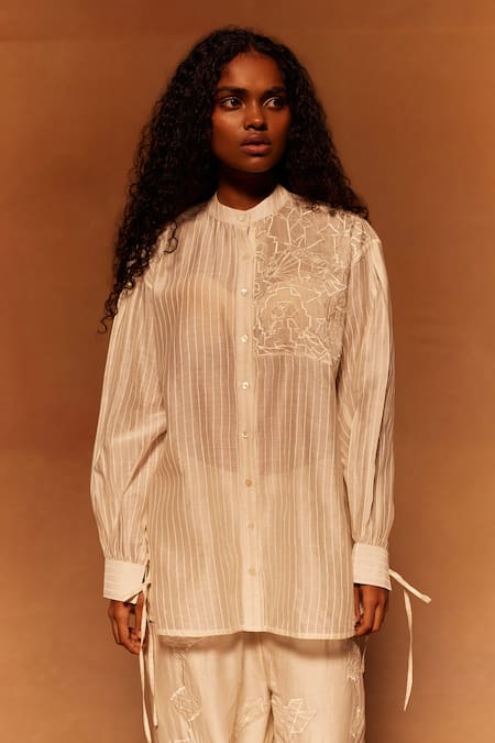 Ahmev_Ivory Cotton, Silk Embroidery Mandarin Collar Stripe Abstract Shirt _Online_at_Aza_Fashions