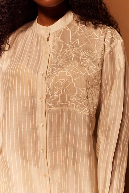 Buy_Ahmev_Ivory Cotton, Silk Embroidery Mandarin Collar Stripe Abstract Shirt _Online_at_Aza_Fashions