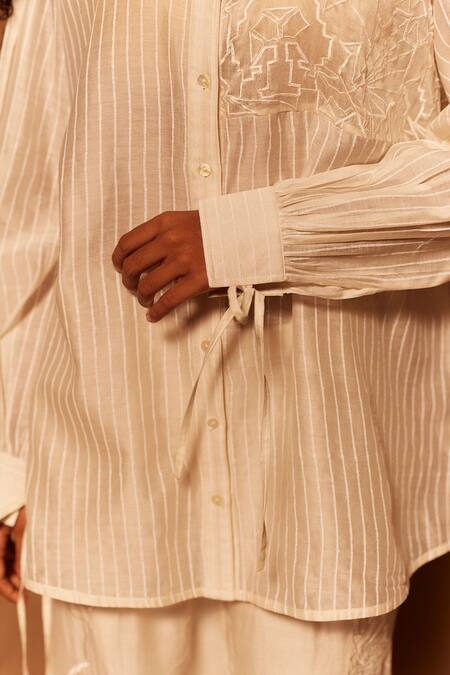 Shop_Ahmev_Ivory Cotton, Silk Embroidery Mandarin Collar Stripe Abstract Shirt _Online_at_Aza_Fashions
