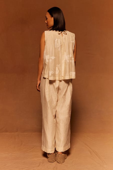 Shop_Ahmev_Ivory Cotton, Silk Applique Round Neck Floral Abstract Top _at_Aza_Fashions