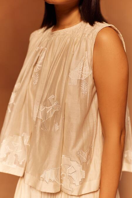 Ahmev_Ivory Cotton, Silk Applique Round Neck Floral Abstract Top _Online_at_Aza_Fashions