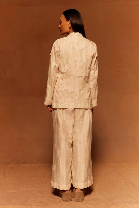 Shop_Ahmev_Ivory Silk Organza, Cotton Applique, Embroidery Abstract Blazer _at_Aza_Fashions