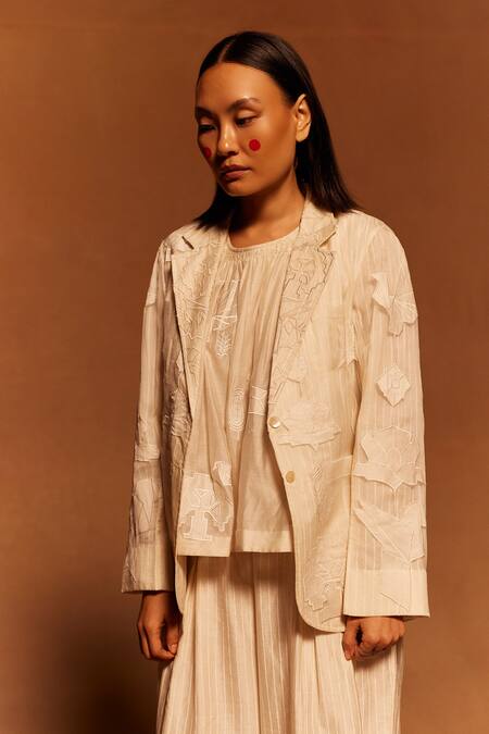 Ahmev_Ivory Silk Organza, Cotton Applique, Embroidery Abstract Blazer _Online_at_Aza_Fashions