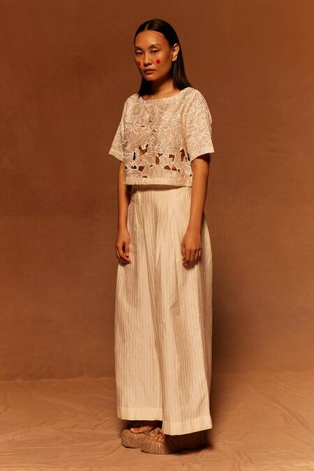 Ahmev_Ivory Cotton, Silk Cut Work Round Neck Abstract Top _Online_at_Aza_Fashions