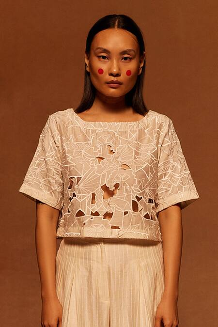 Buy_Ahmev_Ivory Cotton, Silk Cut Work Round Neck Abstract Top _Online_at_Aza_Fashions