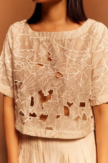 Shop_Ahmev_Ivory Cotton, Silk Cut Work Round Neck Abstract Top _Online_at_Aza_Fashions