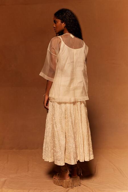 Shop_Ahmev_Ivory Cotton, Silk Organza V-neck Sheer Angrakha Tie-up Top _at_Aza_Fashions