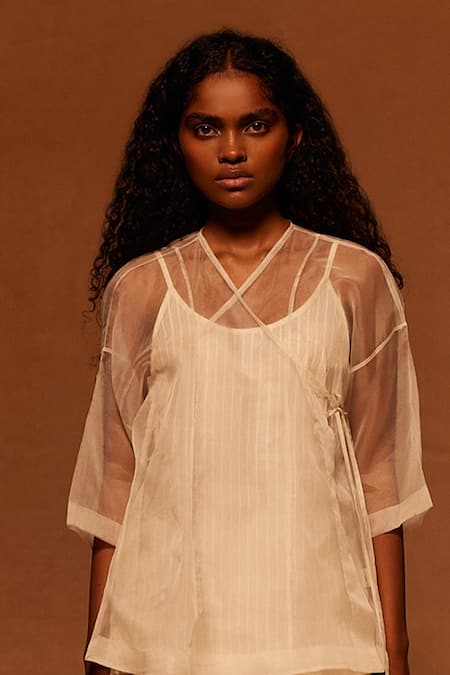 Ahmev_Ivory Cotton, Silk Organza V-neck Sheer Angrakha Tie-up Top _Online_at_Aza_Fashions