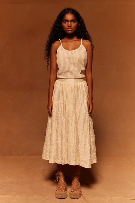 Ahmev Ivory Abstract Embroidered Midi Skirt 