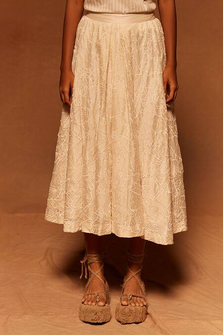 Ahmev_Ivory , Satin Embroidery Abstract Midi Skirt _Online_at_Aza_Fashions