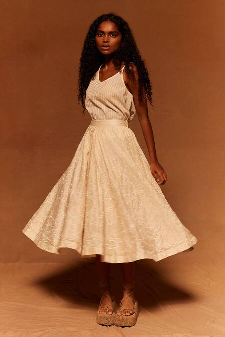 Buy_Ahmev_Ivory , Satin Embroidery Abstract Midi Skirt _Online_at_Aza_Fashions