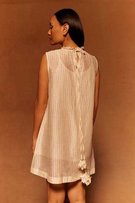 Shop_Ahmev_Ivory Cotton, Silk Collared Hand Screen Print Dress _at_Aza_Fashions