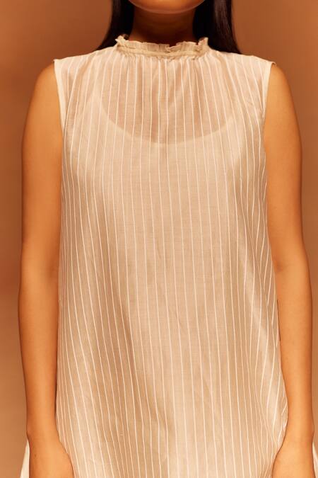 Ahmev_Ivory Cotton, Silk Collared Hand Screen Print Dress _Online_at_Aza_Fashions