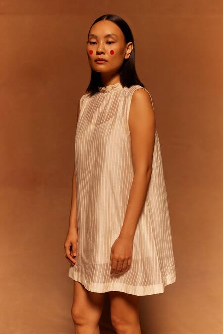 Buy_Ahmev_Ivory Cotton, Silk Collared Hand Screen Print Dress _Online_at_Aza_Fashions