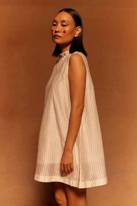 Shop_Ahmev_Ivory Cotton, Silk Collared Hand Screen Print Dress _Online_at_Aza_Fashions