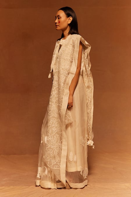 Ahmev_Ivory Cotton, Silk Embroidery Open Neck Abstract Jacket _Online_at_Aza_Fashions