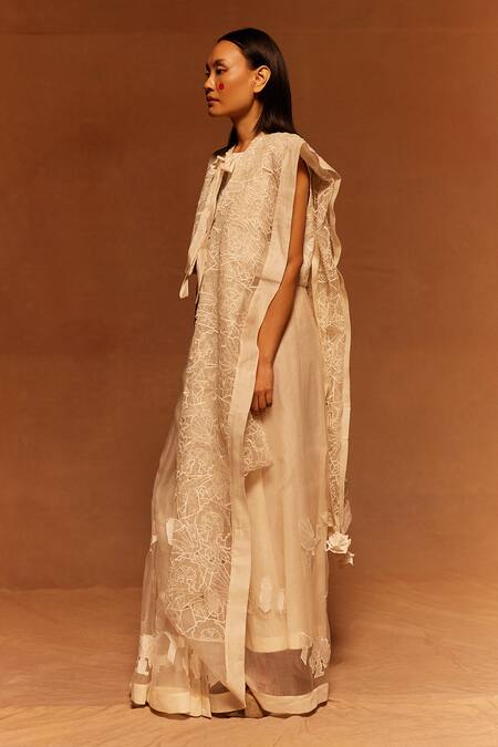 Shop_Ahmev_Ivory Silk Organza, Cotton Tassels Abstract Animal Embroidered Saree _at_Aza_Fashions