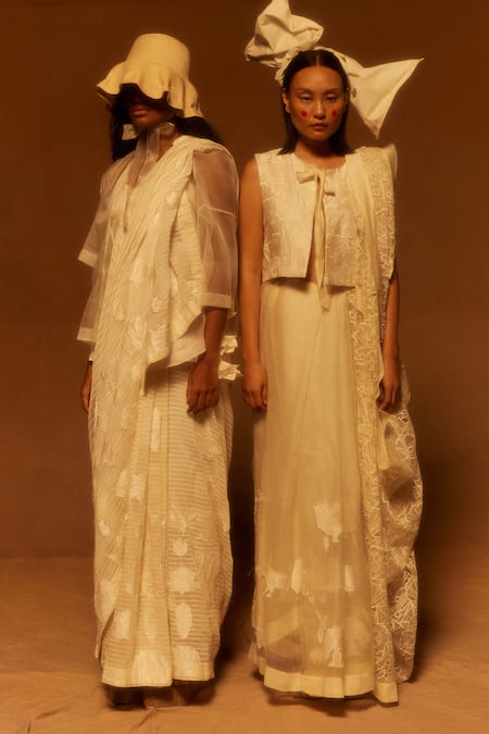 Buy_Ahmev_Ivory Silk Organza, Cotton Tassels Abstract Animal Embroidered Saree _Online_at_Aza_Fashions