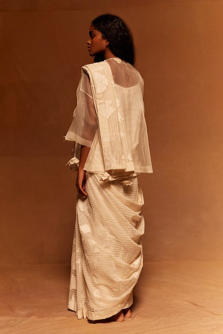Shop_Ahmev_Ivory Cotton, Silk Embroidery Abstract Stripe Saree _at_Aza_Fashions