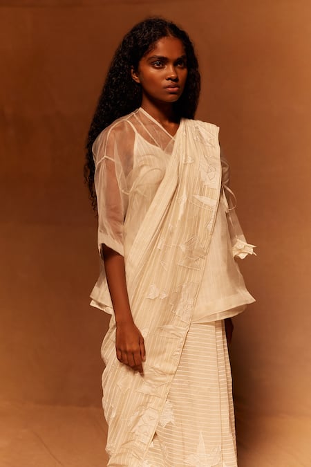 Ahmev_Ivory Cotton, Silk Embroidery Abstract Stripe Saree _Online_at_Aza_Fashions