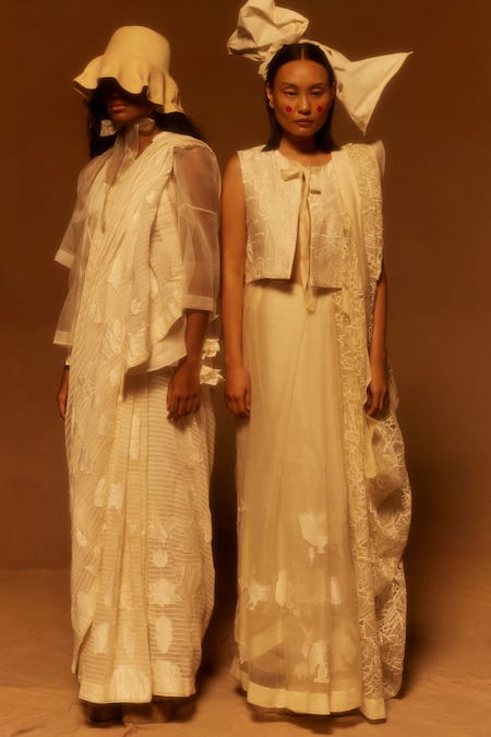 Shop_Ahmev_Ivory Cotton, Silk Embroidery Abstract Stripe Saree _Online_at_Aza_Fashions