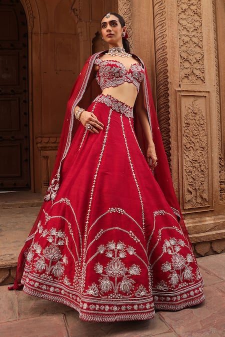 Label Moni K Maroon Zardozi Embroidered Lehenga Set 