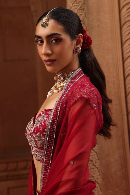 Shop_Label Moni K_Maroon Silk, Organza Embroidery, Cut Work Sweetheart Neck Zardozi Lehenga Set _Online_at_Aza_Fashions