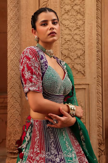 Label Moni K_Green Silk, Tissue Zari, Diamonds, Embroidery, Colorblock Bridal Lehenga Set _Online_at_Aza_Fashions