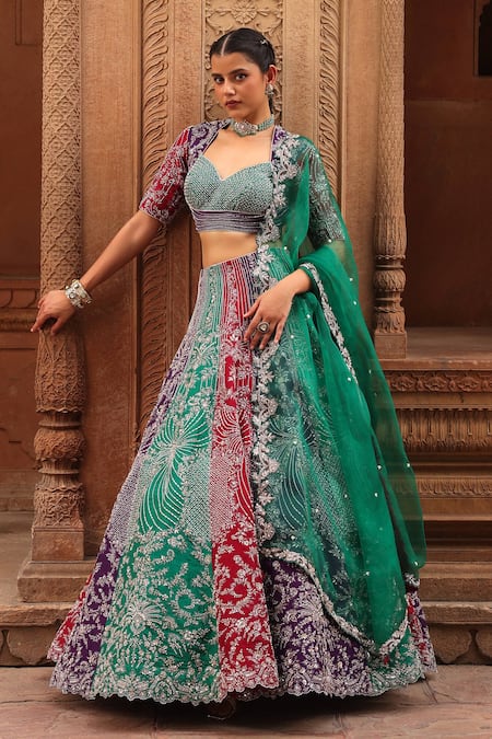 Buy_Label Moni K_Green Silk, Tissue Zari, Diamonds, Embroidery, Colorblock Bridal Lehenga Set _Online_at_Aza_Fashions