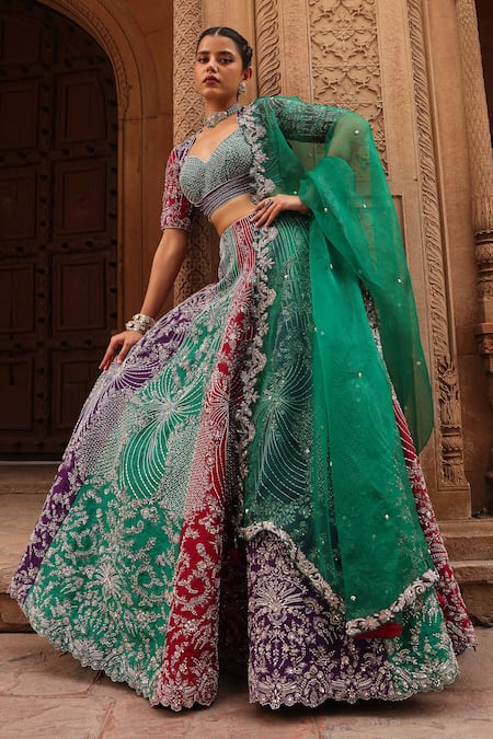 Label Moni K_Green Silk, Tissue Zari, Diamonds, Embroidery, Colorblock Bridal Lehenga Set _at_Aza_Fashions