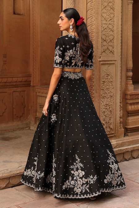 Shop Label Moni K Black Silk, Tissue Zari, Embroidery Scoop Neck Raw Lehenga Set at Aza Fashions Shop_Label Moni K_Black Silk, Tissue Zari, Embroidery Scoop Neck Raw Lehenga Set _at_Aza_Fashions