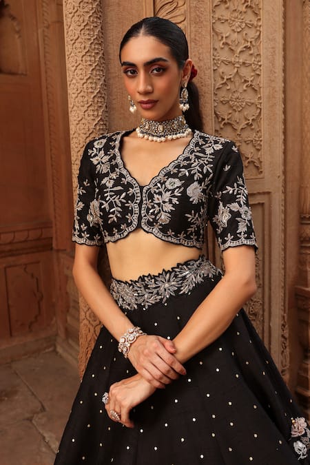 Buy Label Moni K Black Silk, Tissue Zari, Embroidery Scoop Neck Raw Lehenga Set Online at Aza Fashions Buy_Label Moni K_Black Silk, Tissue Zari, Embroidery Scoop Neck Raw Lehenga Set _Online_at_Aza_Fashions