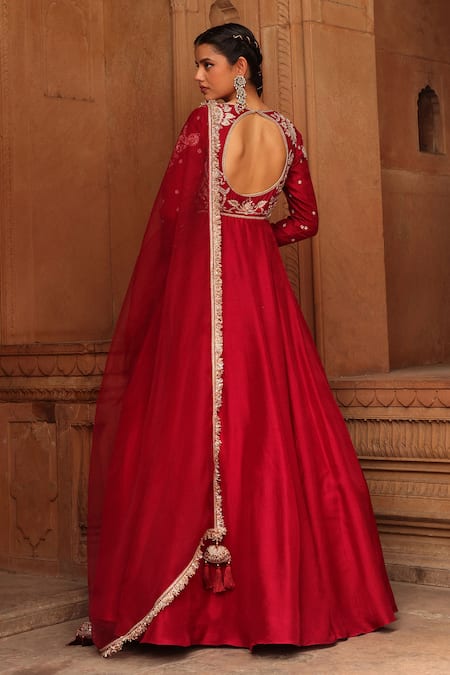 Shop_Label Moni K_Maroon Silk, Organza Pearls, Zari, Tassels Paisley Embroidered Anarkali Set _at_Aza_Fashions