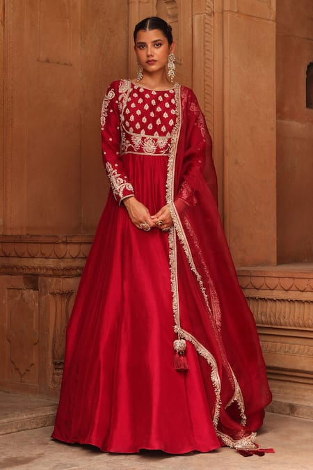 Label Moni K_Maroon Silk, Organza Pearls, Zari, Tassels Paisley Embroidered Anarkali Set _Online_at_Aza_Fashions