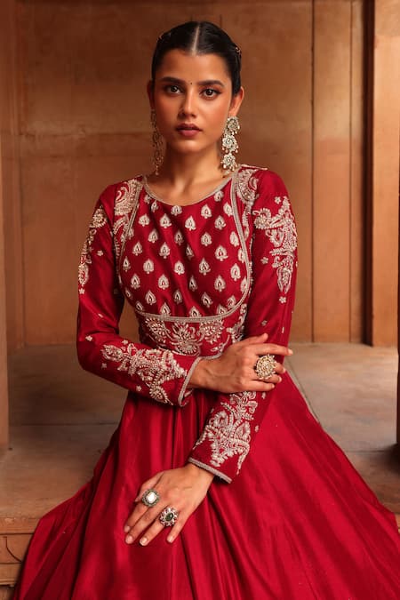 Buy_Label Moni K_Maroon Silk, Organza Pearls, Zari, Tassels Paisley Embroidered Anarkali Set _Online_at_Aza_Fashions