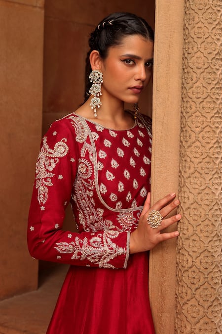 Shop_Label Moni K_Maroon Silk, Organza Pearls, Zari, Tassels Paisley Embroidered Anarkali Set _Online_at_Aza_Fashions