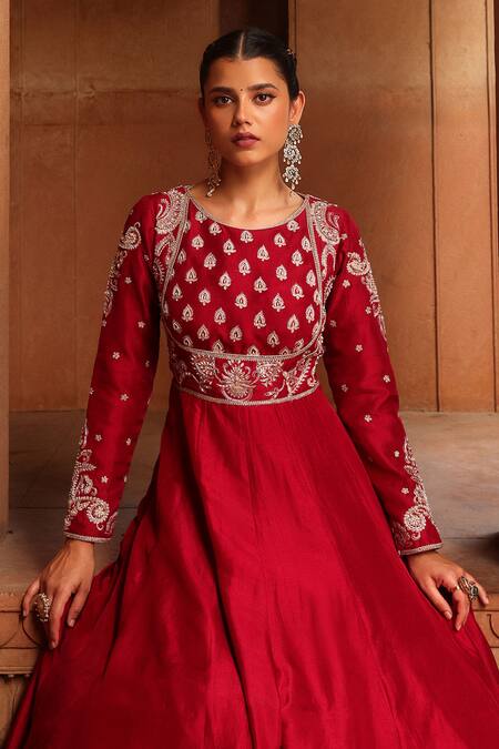 Label Moni K_Maroon Silk, Organza Pearls, Zari, Tassels Paisley Embroidered Anarkali Set _at_Aza_Fashions