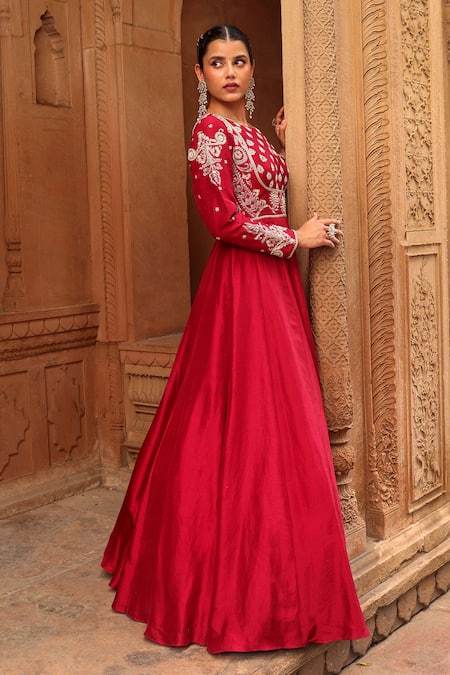 Buy_Label Moni K_Maroon Silk, Organza Pearls, Zari, Tassels Paisley Embroidered Anarkali Set 