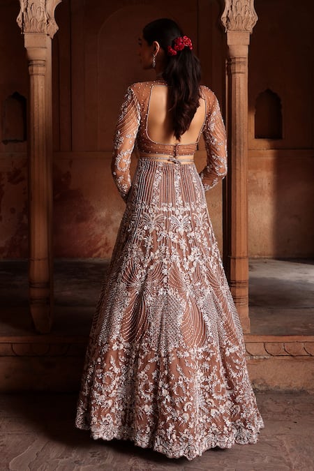 Label Moni K Brown Zardozi Work Lehenga & Blouse Set 