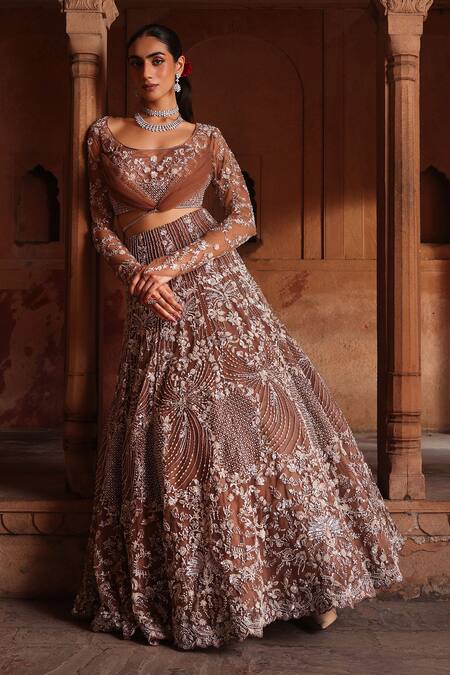 Label Moni K Brown Net Cut Work, Sequins, Zari Scoop Neck Zardozi Lehenga And Blouse Set Online at Aza Fashions Label Moni K_Brown Net Cut Work, Sequins, Zari Scoop Neck Zardozi Lehenga And Blouse Set _Online_at_Aza_Fashions